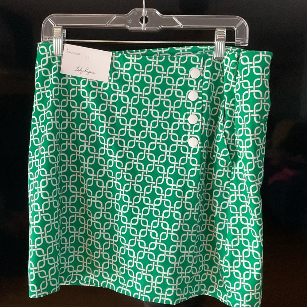 Green Patterned wrap  Skort with White Buttons